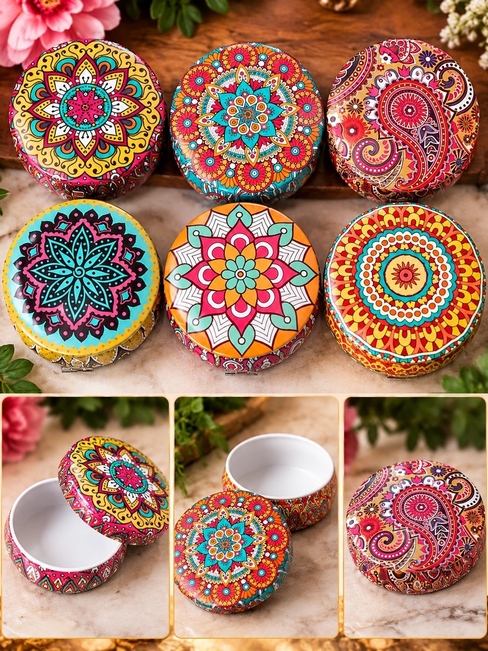 Colorful Mandala & Paisley Tin Trinket Container